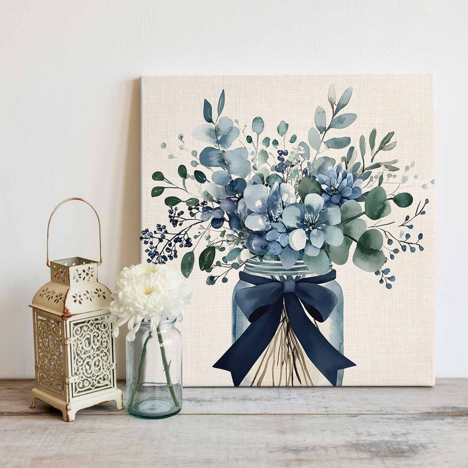 Blue Floral Canvas Wall Art, Pastoral Eucalyptus Leaf Bow Vase Framed Wall Decor Modern Artwork Prints Painting for Living Room, Bedroom, Kitchen & Cafe Decor 12x12 Inch