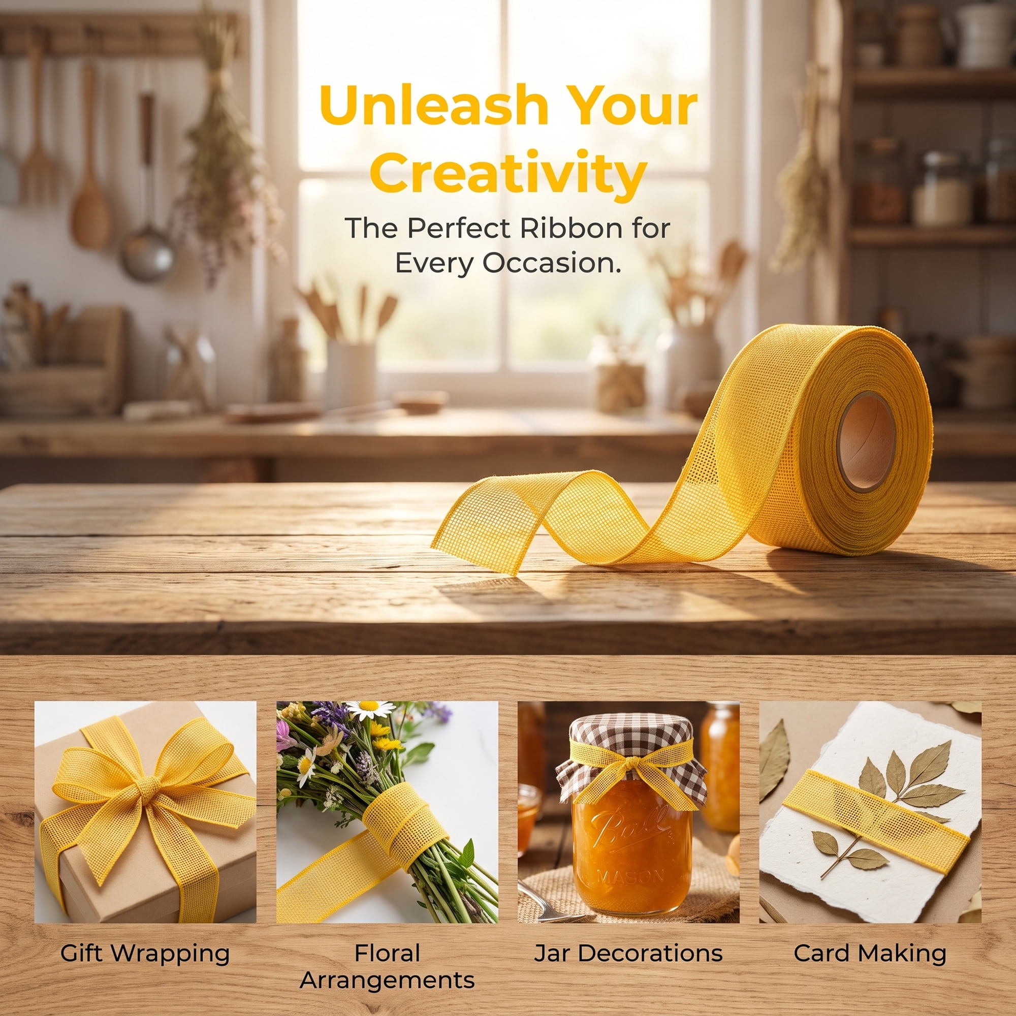 Unique Bargains Faux Burlap Ribbon for Elegant Gift Decoration Yellow 4.9 Yard