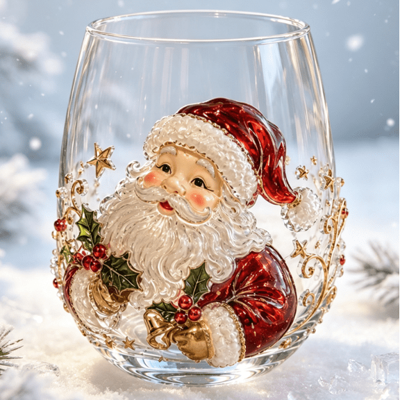 Christmas Glass Art Cup Santa Decor Drinking Glass Cup Snowman Stemless Wine Glasses Holiday Glassware for Coffee, Tea, Juice, Milk, Xmas Party Home Festive Decor Gifts (Santa Claus)