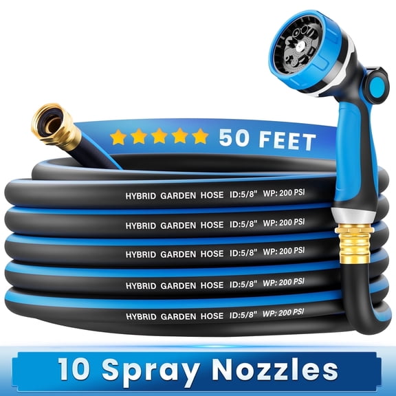 OHHANI Garden Hose, 50 ft x 5/8" Water Hose for Outdoor with 10 Function Sprayer Nozzle, Kink Free