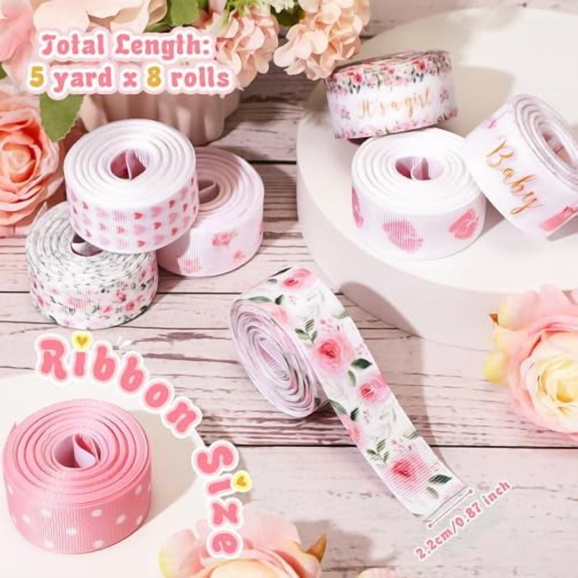 8 Rolls Floral Baby Shower Ribbon 7/8 Inch It's a Girl Baby Craft Ribbon Pink Rose Flower Print Grosgrain Ribbon for Gift Wrapping Baby Shower Gender Revel Party Diaper Cake Decor, 40 Yard Total