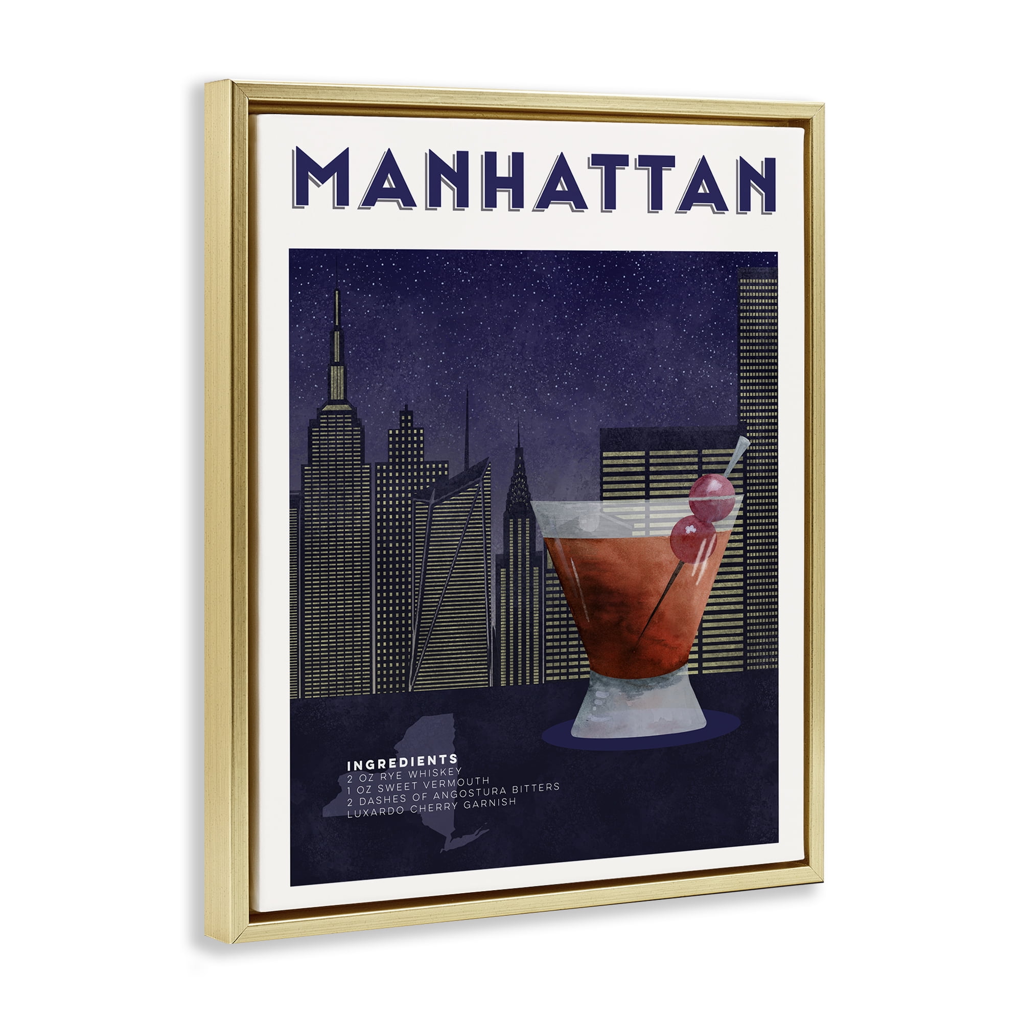 Retro Manhattan Cocktail Cityscape Gold Framed Floater Canvas Wall Art, design by Brett Blumenthal