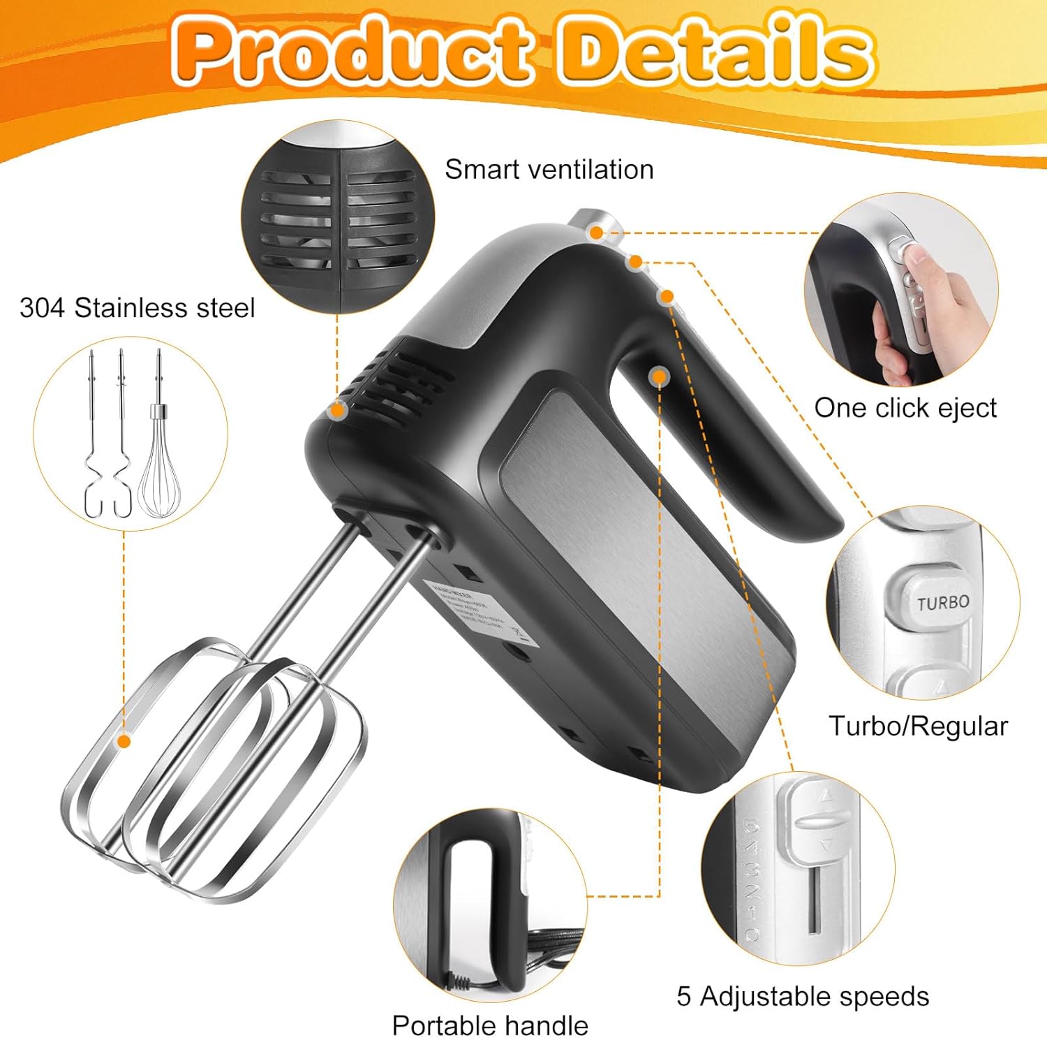5-Speed 400W Hand Mixer Electric Handheld - Ultra-Powerful with Turbo Function & Eject Button, 5 Stainless Steel Attachments for Dough, Cream, Batter, Eggs Baking