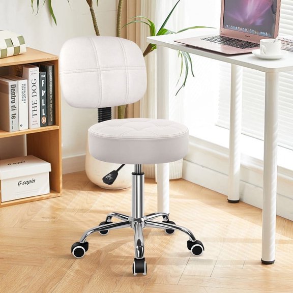 KKTONER White Round Stools on Wheels Rolling Stools with Backrest Height Adjustable Faux Leather Swivel Chairs for Work Spa Beauty Salon