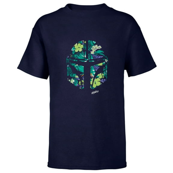 Star Wars The Mandalorian Mando Tropical Print Helmet - Short Sleeve T-Shirt for Kids - Customized-Navy