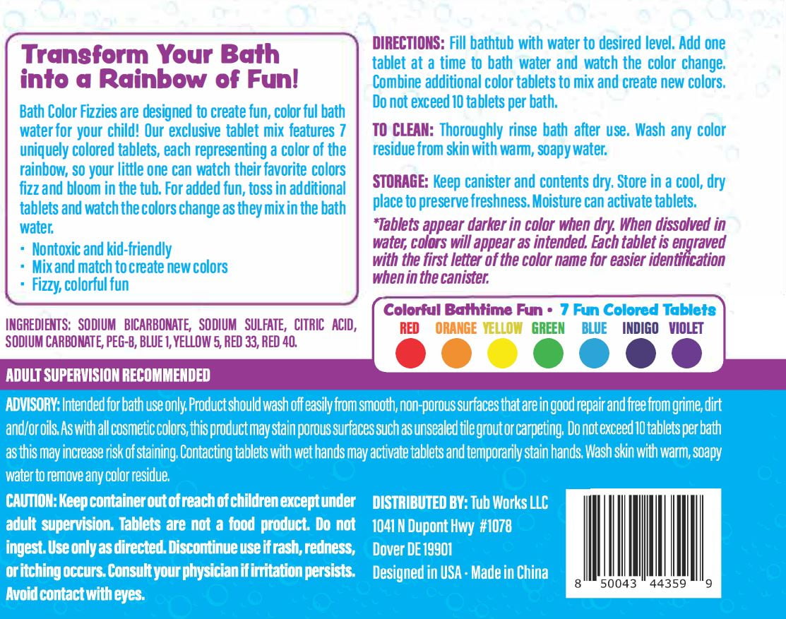 Tub Works Bath Color Fizzies, 150 Count, 3 Pack, Bath Color Tablets for Kids & Toddlers, 7 Colors