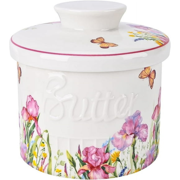 Ceramic butter crock with waterline, countertop keeper, French dish with lid for fresh butter, extendable (spring pink)
