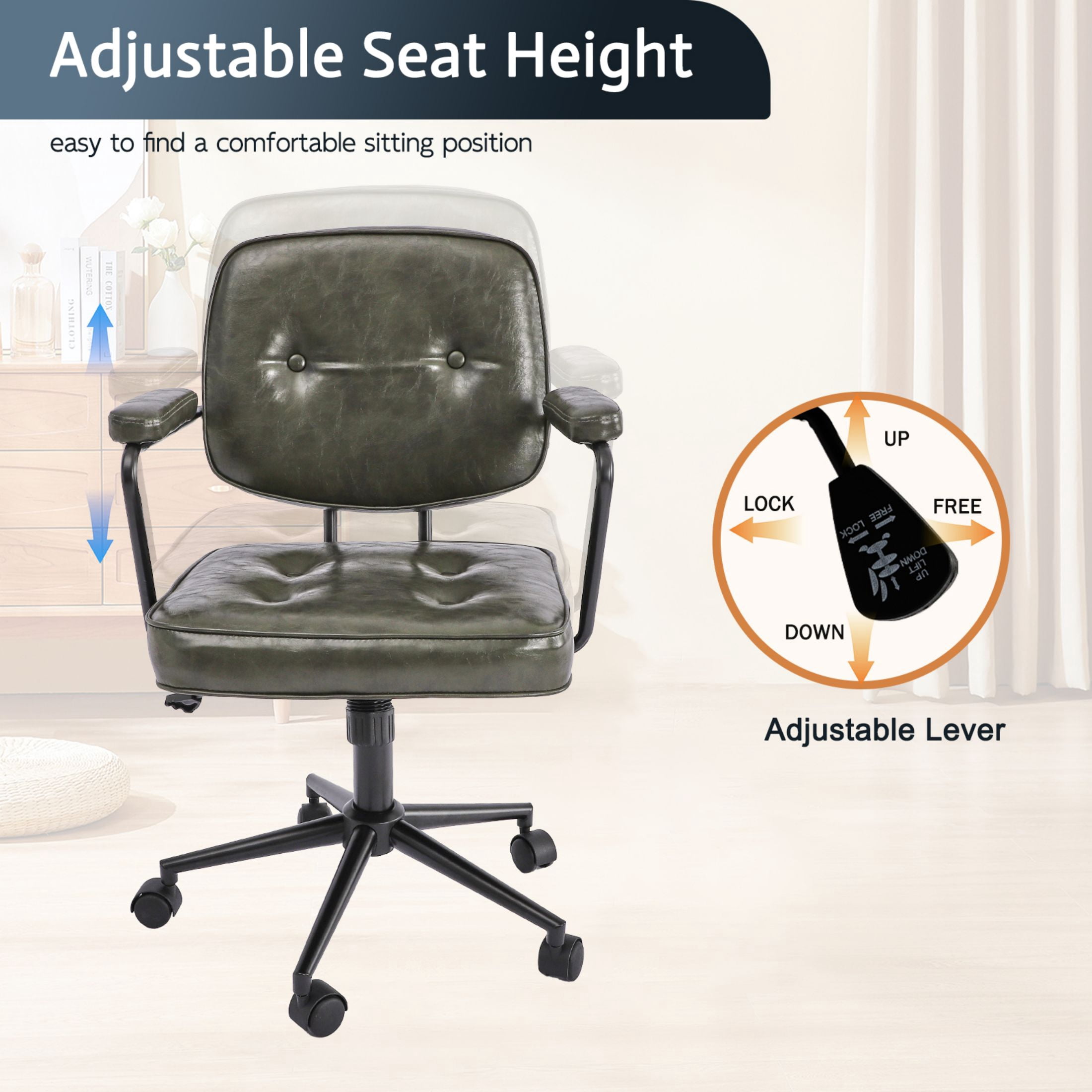 TPHORK Retro PU Leather Office Chair,Mid Back Swivel Task Chair with Wheels and Arms,Height and Backrest Adjustable Home Office Desk Computer Chair,Green