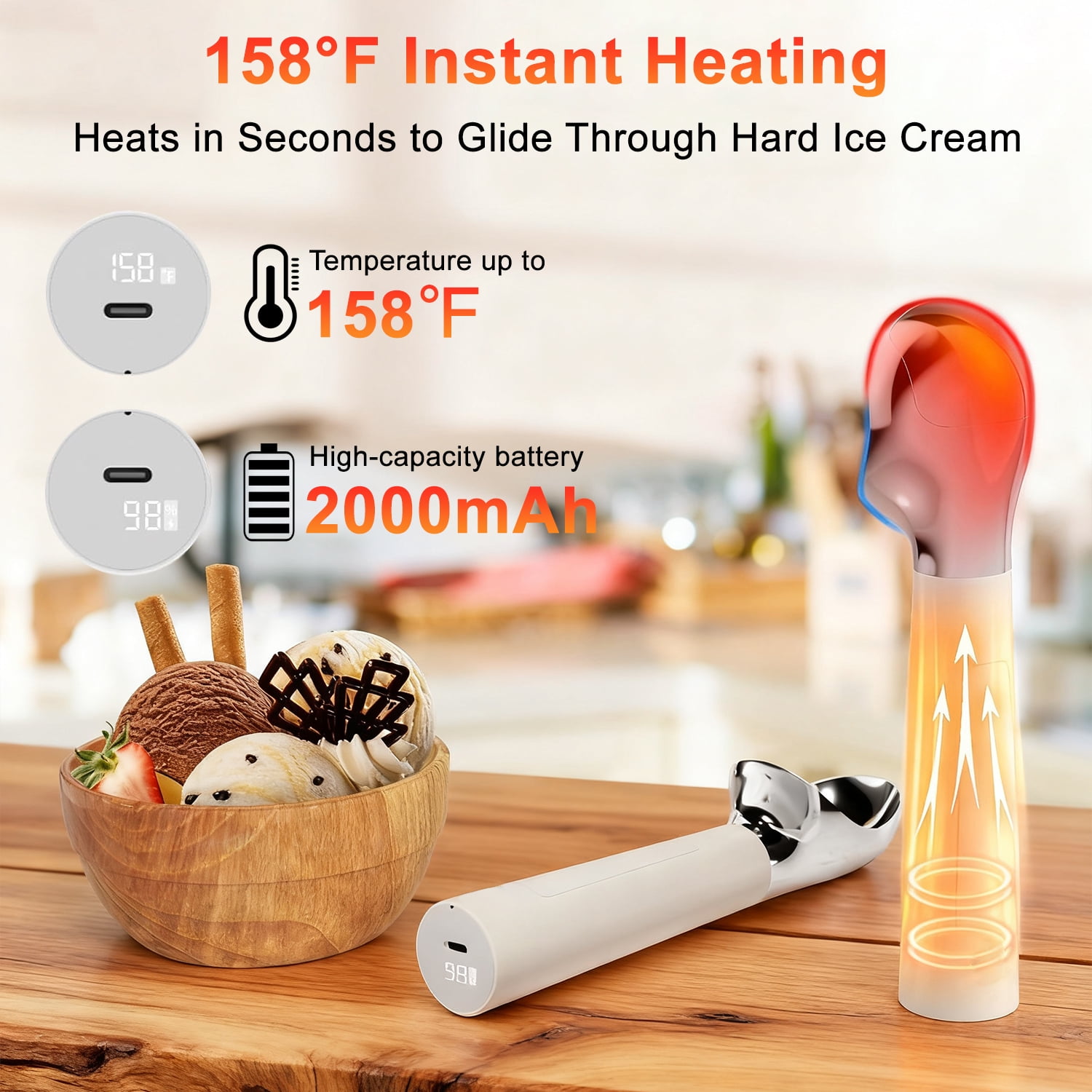 Henotian Heated Ice Cream Scoop, Rechargeable Electric Warming Scooper with LED Display, 158°F Fast Heating, Waterproof Easy Grip, USB-C Rechargeable Ice Cream Spoon, Easy Grip for Seniors/Kids
