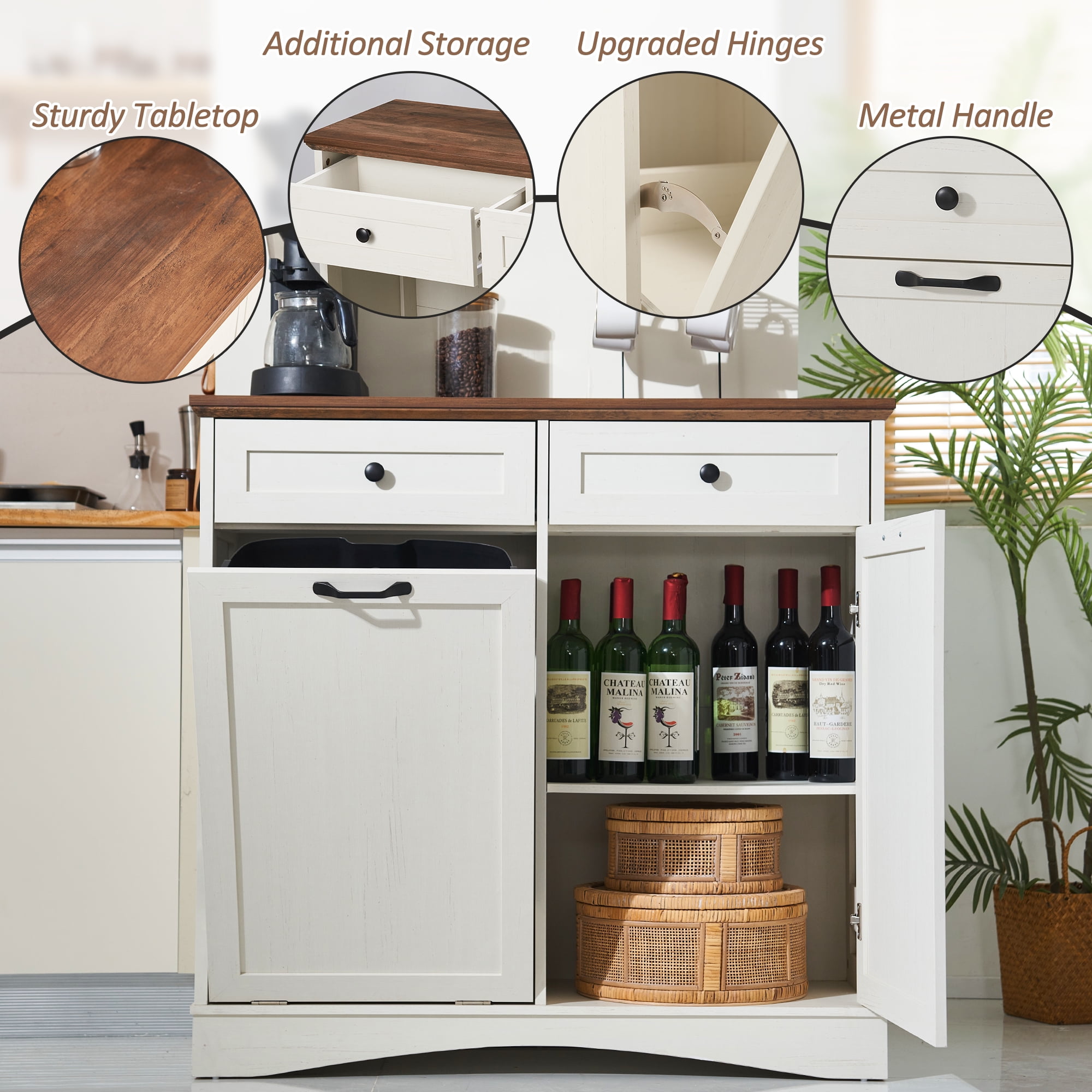 HARIPUL 13 Gallon Tilt Out Trash Cabinet Waste Bins Hidden Trash Bin with Drawer & Adjustable Shelf & for Kitchen, Antique White