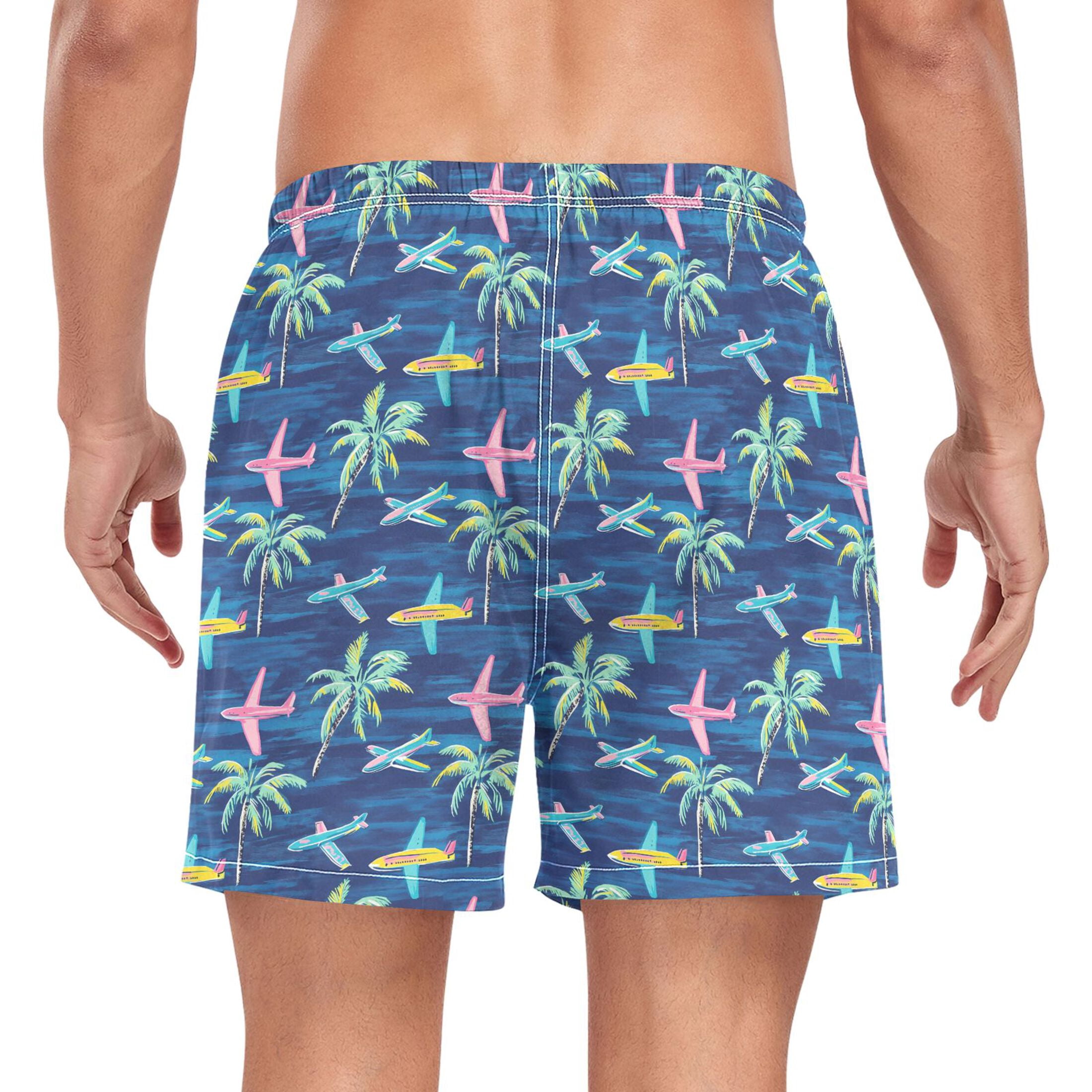 joogoo Men's Airplanes Palm Trees Swim Trunks with Liner Pocket Beach Shorts XL