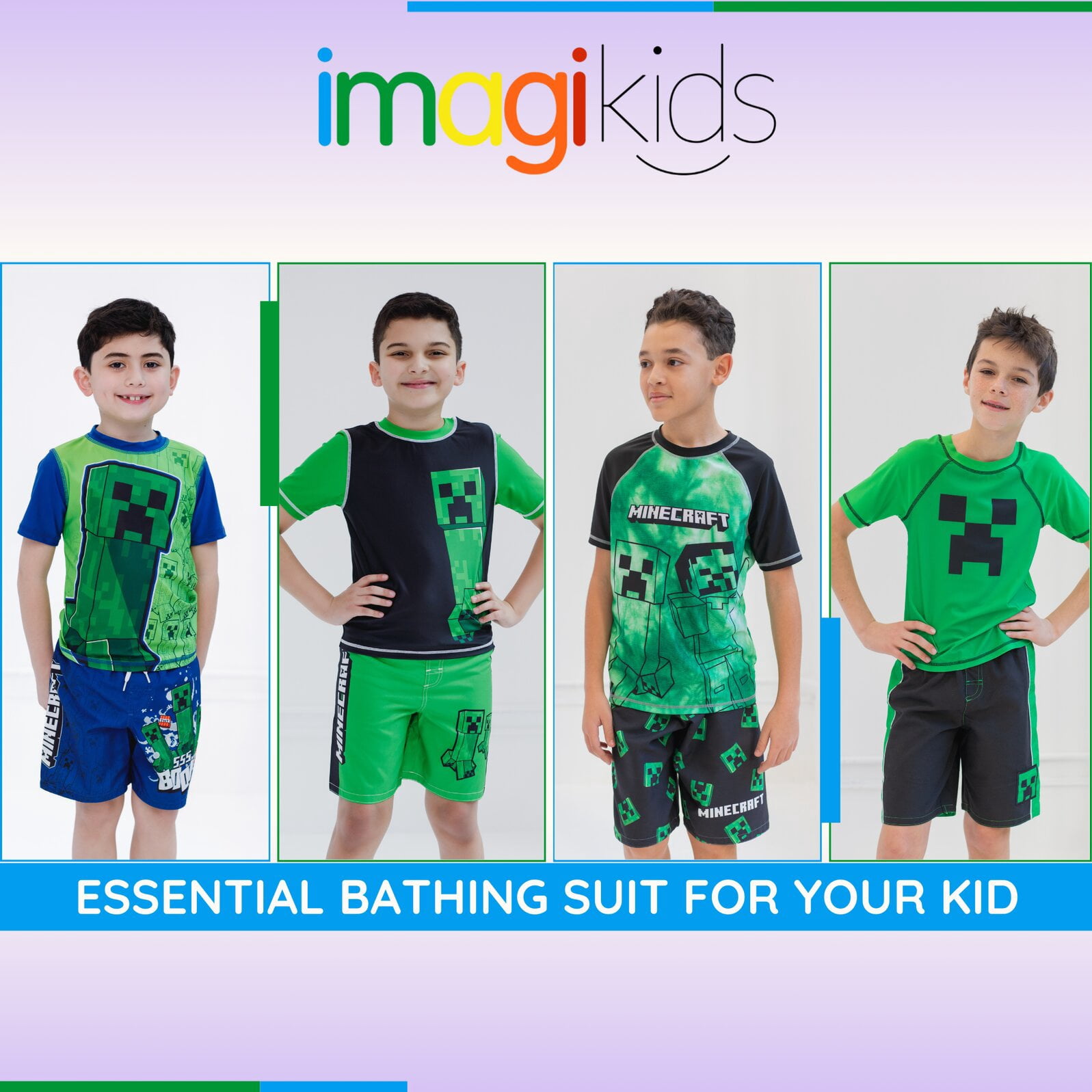Minecraft Creeper UPF 50+ Rash Guard and Swim Trunks Outfit Set Little Kid