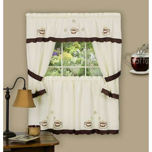 Traditional Elegance Cuppa Joe Embellished Cottage Window Curtain Set 58x36