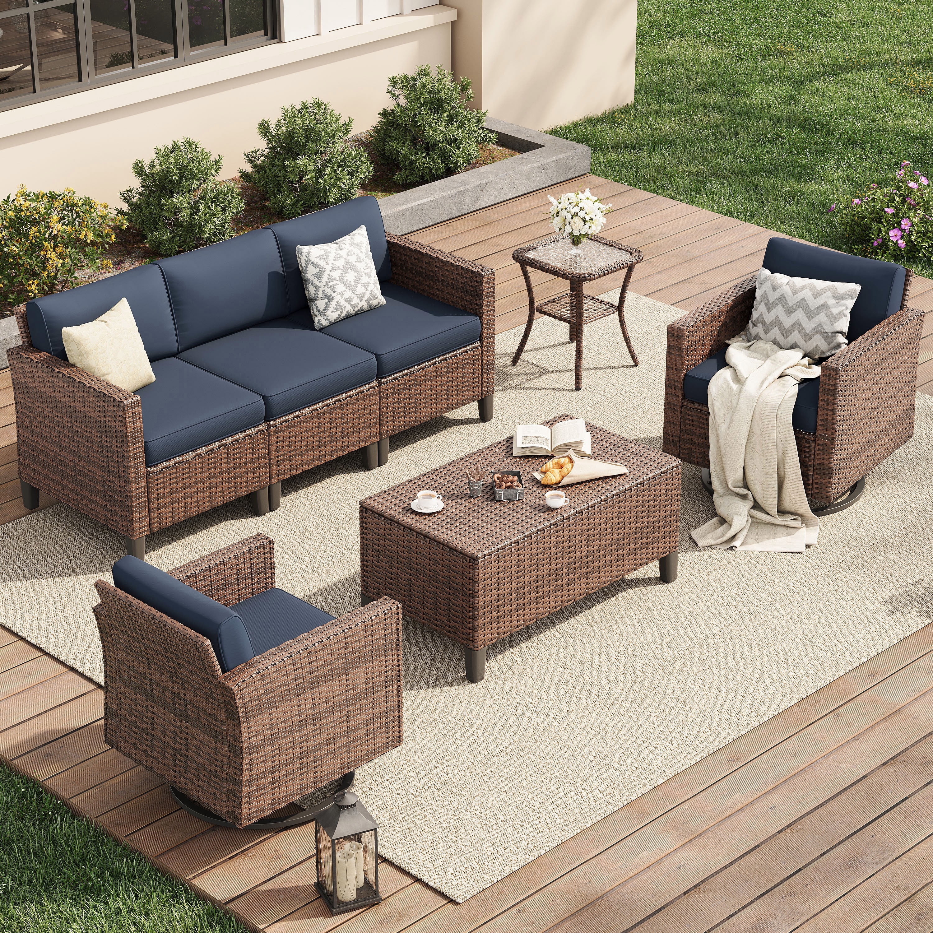 POTEBAN Patio Set, 7 Pieces Outdoor Furniture Sets with Rocking Swivel Chairs, Wicker Rattan, Waterproof Covers for Backyard