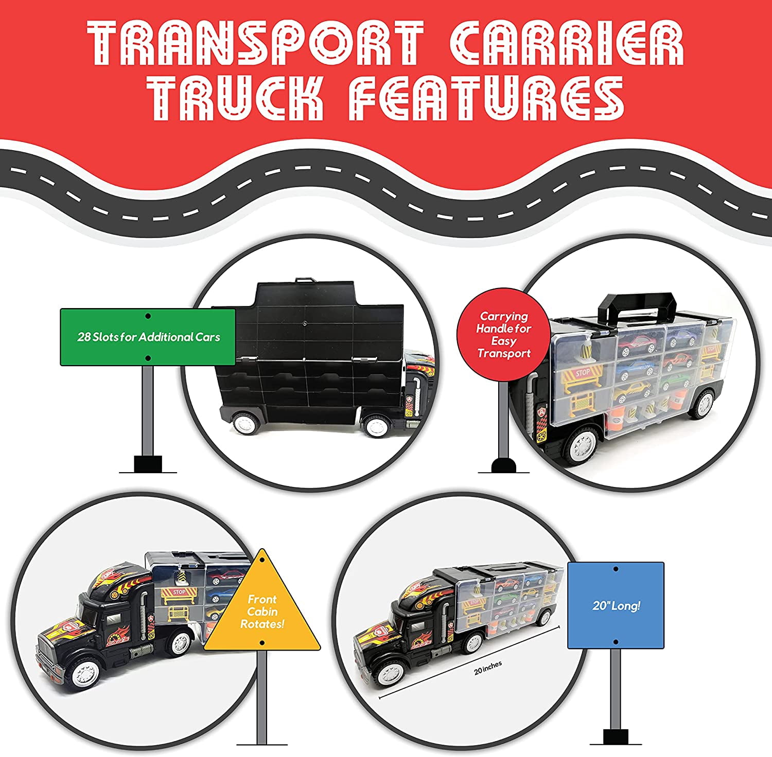 Toy Truck Transport Car Carrier Toy for Boys and Girls Age 3 - 10 yrs Old - Hauler Truck Includes 12 Toy Cars and Accessories - Car Truck Fits 28 Car Slots - Ideal Gift for Kids