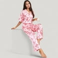 thumbnail image 7 of Women's Satin Button-Up Pajama Set with Short Sleeve Notch Collar Top and Wide Leg Pants in Ribbon Print - X Large, Pink, 7 of 7