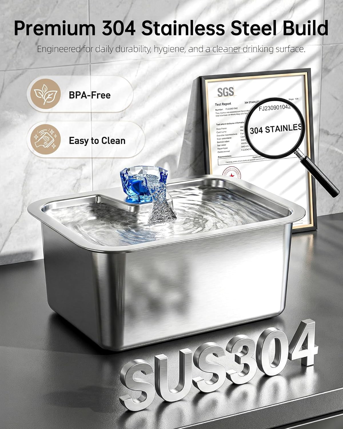 Dog Water Fountain with Silicone Mat - 3 Gallon Stainless Steel Pet Water Fountain with 6 Filters, Quiet Automatic Bowl Dispenser Drinking Waterer for Large Dogs & Multi-pet, Easy to Clean