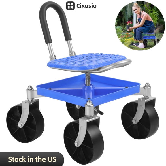 Cixusio Garden Cart Patio Rolling Work Seat with Tool Tray – Basket Planting Height Adjustable Garden Rolling Stool with Wheels Picking Rotary Tool Cart for Outdoor Patio and Yard