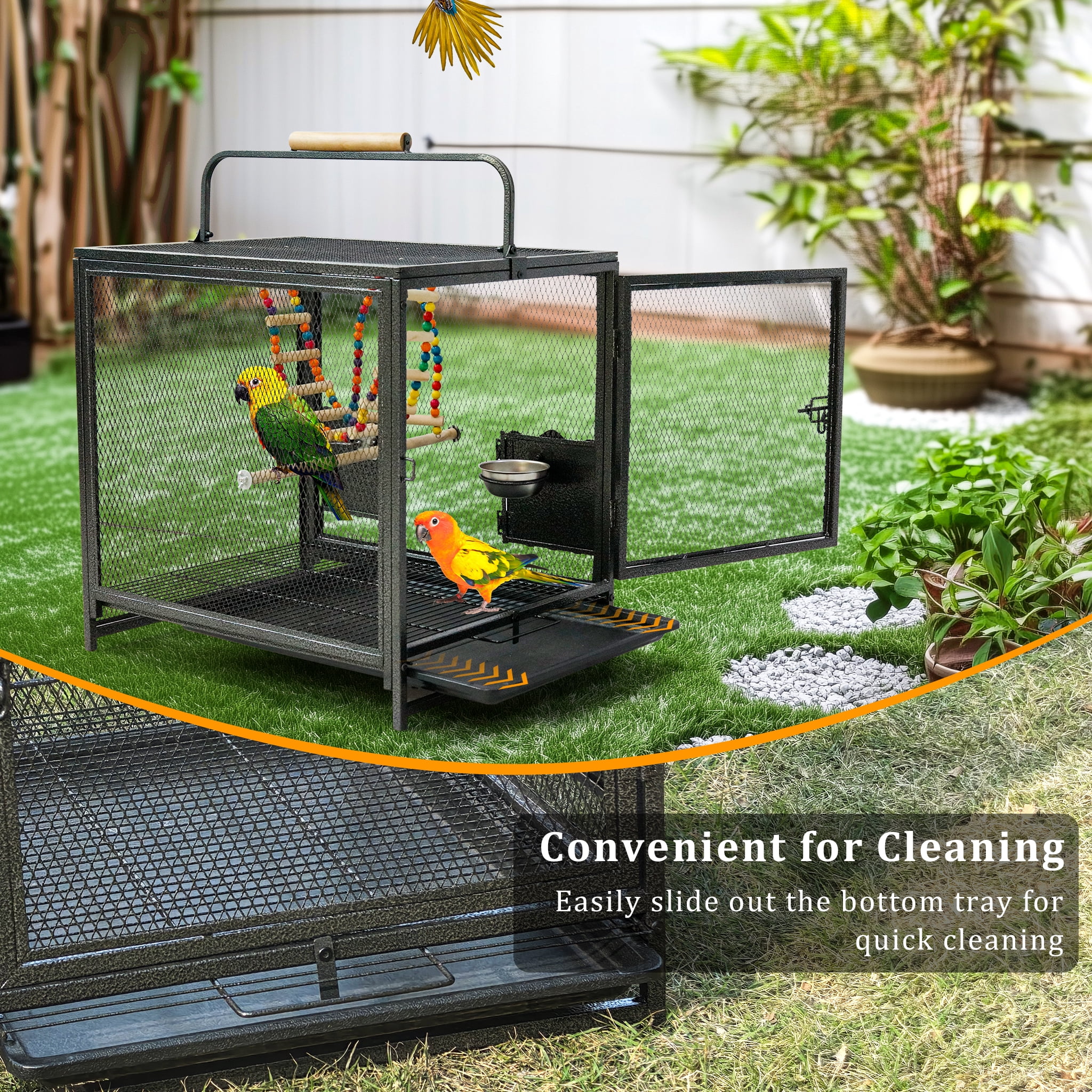 Bingopaw Portable Metal Small Travel Bird Cage Carrier with Hammock Swing Toy and Perch, Removable Tray, Bowls