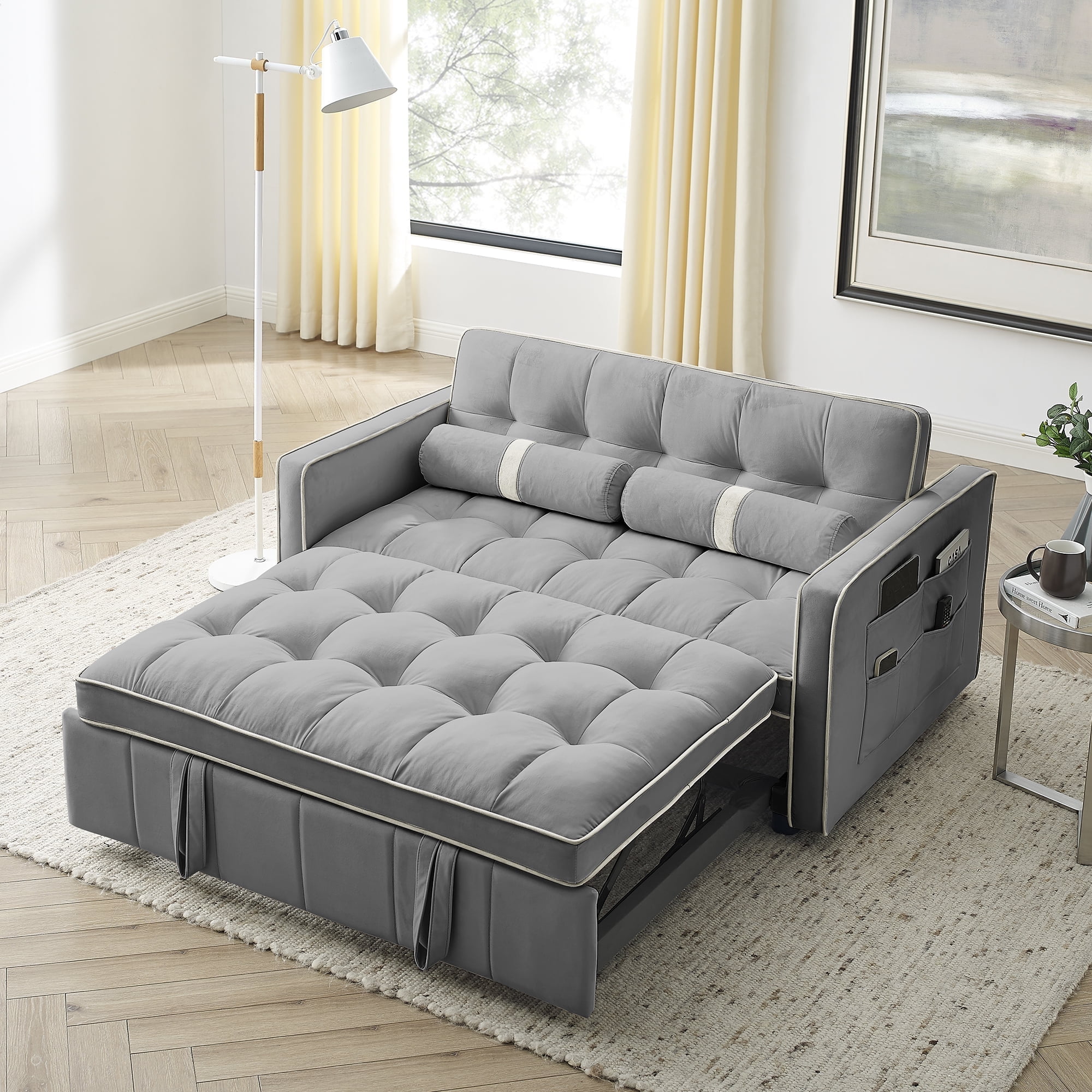 Muumblus 55" Pull Out Sofa Bed - Tufted Velvet Convertible Loveseat Sleeper Sofa Couch for Living Room, Gray