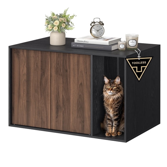 SONGMICS HOME Cat Litter Box Enclosure, Superfast Toolless Assembly, Cat House for Large Cats, Push-to-Open Doors, Ebony Black and Somber Walnut