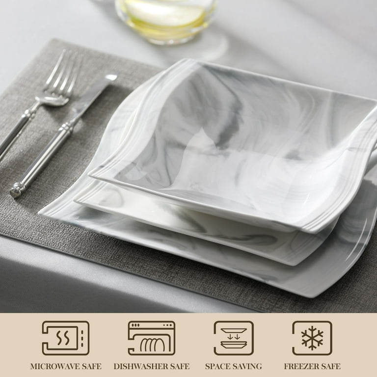 MALACASA Plates and Bowls Sets for 6, 30-Piece Marble Grey Square