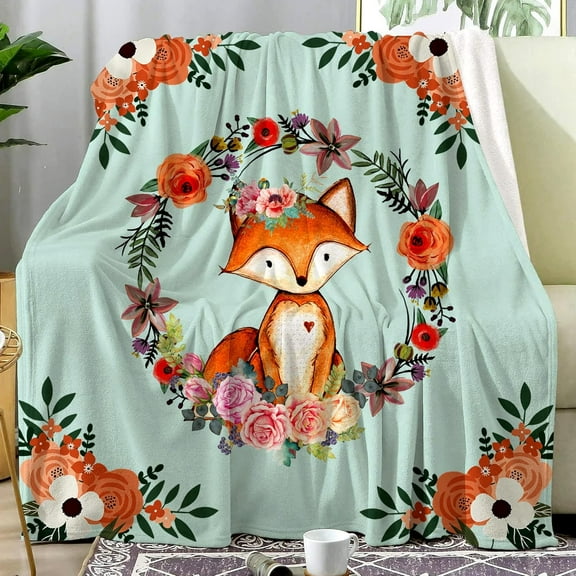 Fox Blanket Flower Fox Print Throw Blanket Super Soft Flannel Blankets Gifts for Kids Adults 50"x40"