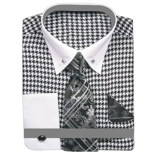 Sunrise Outlet Men's French Cuff Houndstooth Dress Shirt with Collar