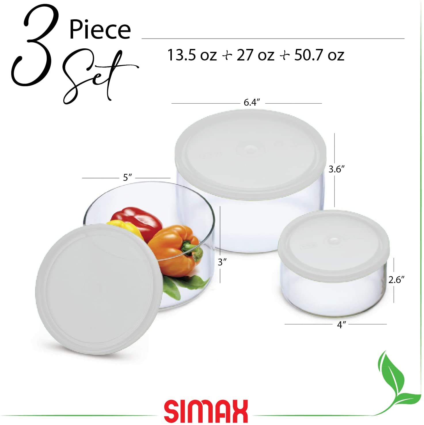 Simax Round Glass Meal Prep and Storage Containers | With Plastic Lids – 3 Piece Set, Assorted Sizes – Oven, Microwave, and Dishwasher Safe – Includes 50 Oz, 27 Oz, 13.5 Oz - image 2 of 3