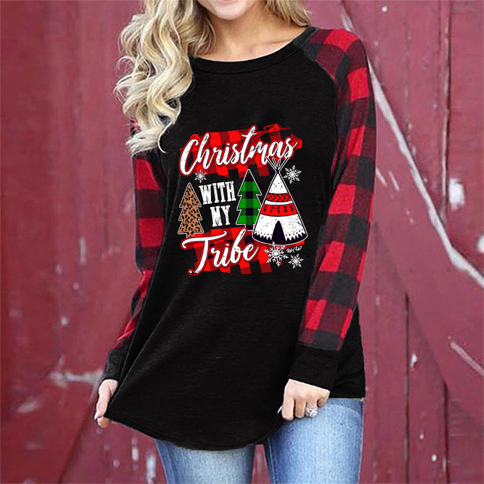 Women Merry Christmas Tree Car Plaid Tee Raglan Top Casual Long Sleeve T-Shirt
