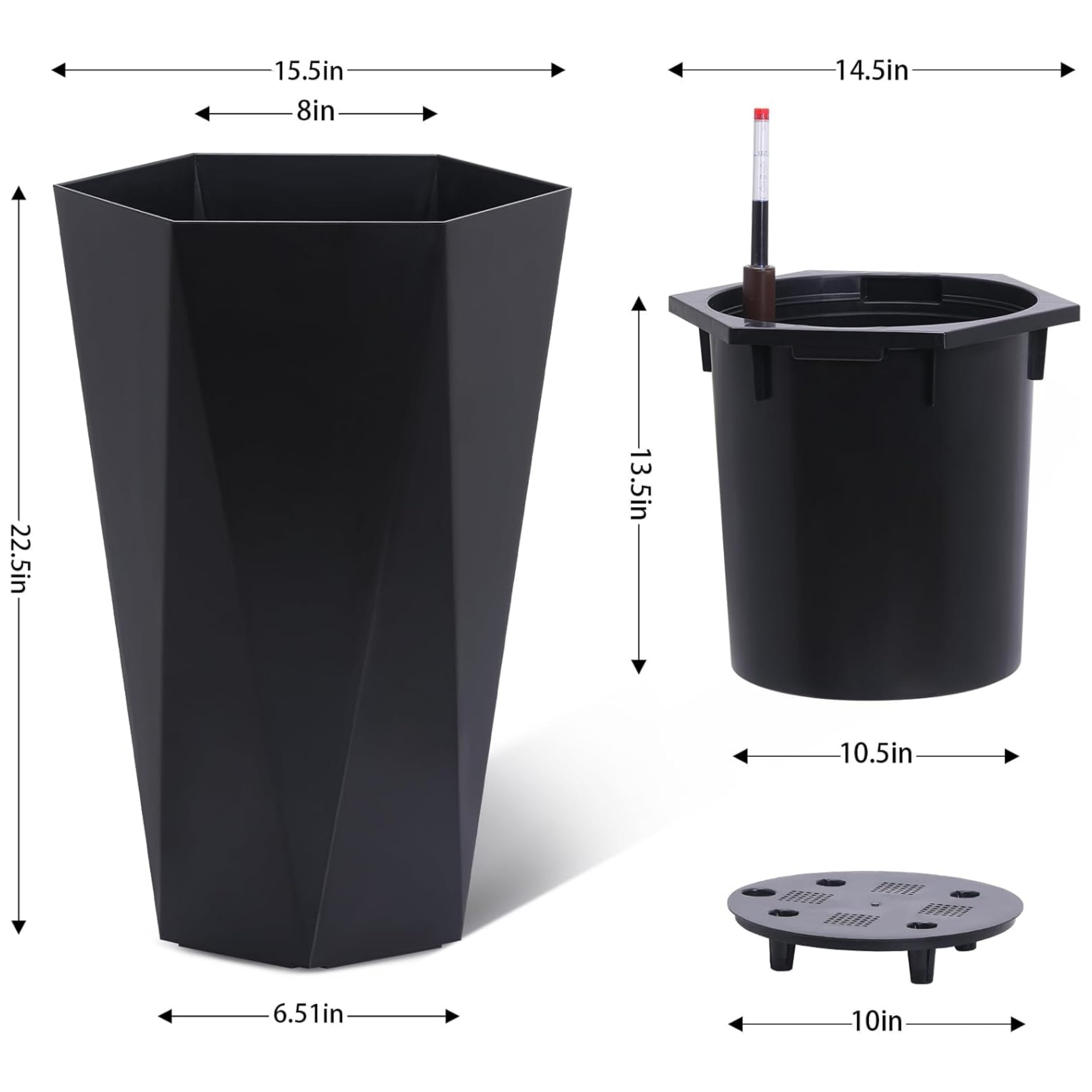 22.5 Inch Tall Planters Set of 2, Large Flower Pot Outdoor and Indoor, with 2 Trays and a Water Level Monitor and Wheels for Patio, Porch, Living Room, or Home Office