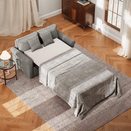 2 in 1 Upholstered Sofa Bed, 2 Seater Loveseat Couch Sleeper, Neche Corduroy Fabric Pull Out Memory Foam Mattress Futon, Gray
