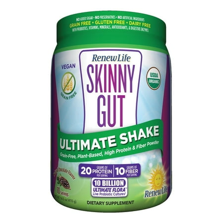 Renew Life Skinny Gut Ultimate Shake Protein Natural Chocolate Flavor - 14.5 oz (410 g) | Grain Free & Vegan Friendly