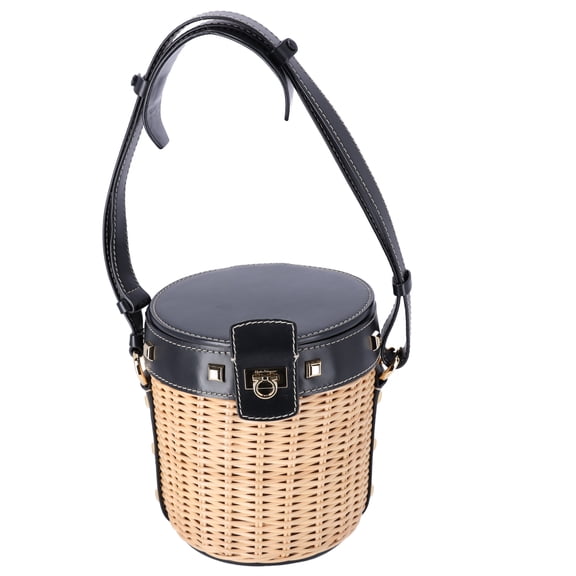 Pre-Owned Salvatore Ferragamo Gancini Drawstring Bucket Bag Wicker Studded Leather + Pouch
