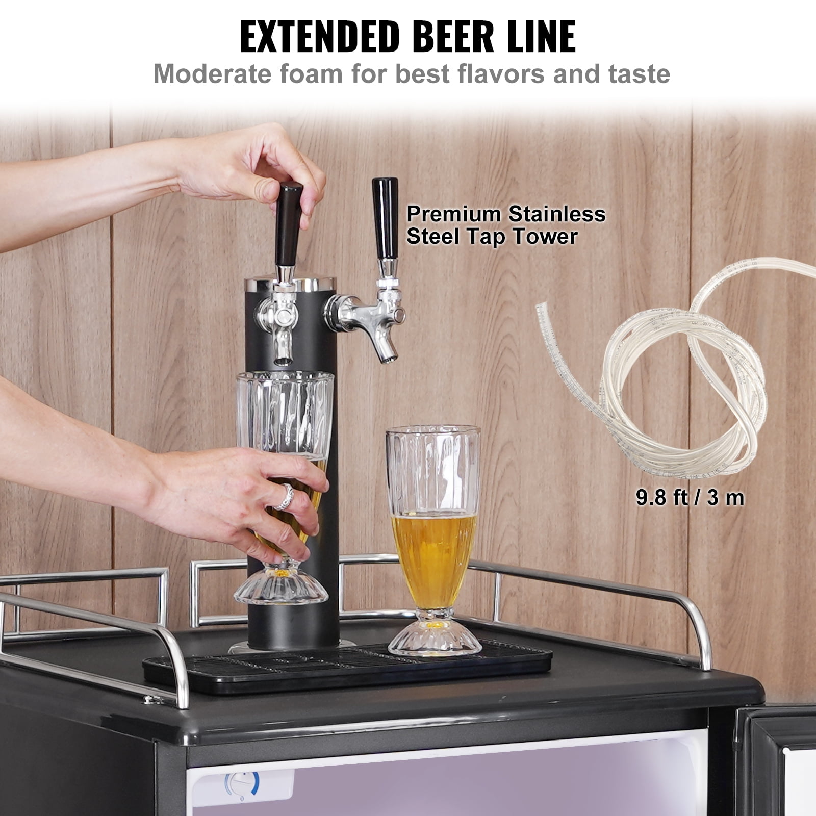 VEVOR Beer Kegerator, Dual Tap Draft Beer Dispenser, Full Size Keg Refrigerator with CO2 Cylinder, Shelves, Drip Tray & Rail, 32°F- 50°F Temperature Control, Hold 1/6, 1/4, 1/2 Barrels, Black