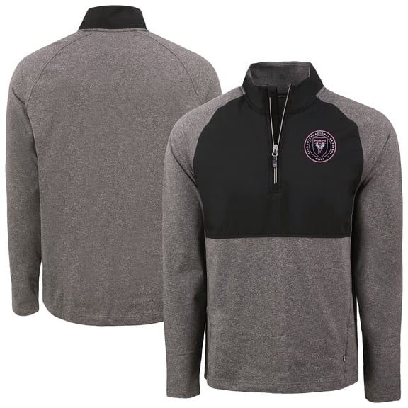 Men's-Cutter & Buck Heather Black Inter Miami CF Adapt Eco Knit Hybrid Recycled Quarter-Zip Pullover Top