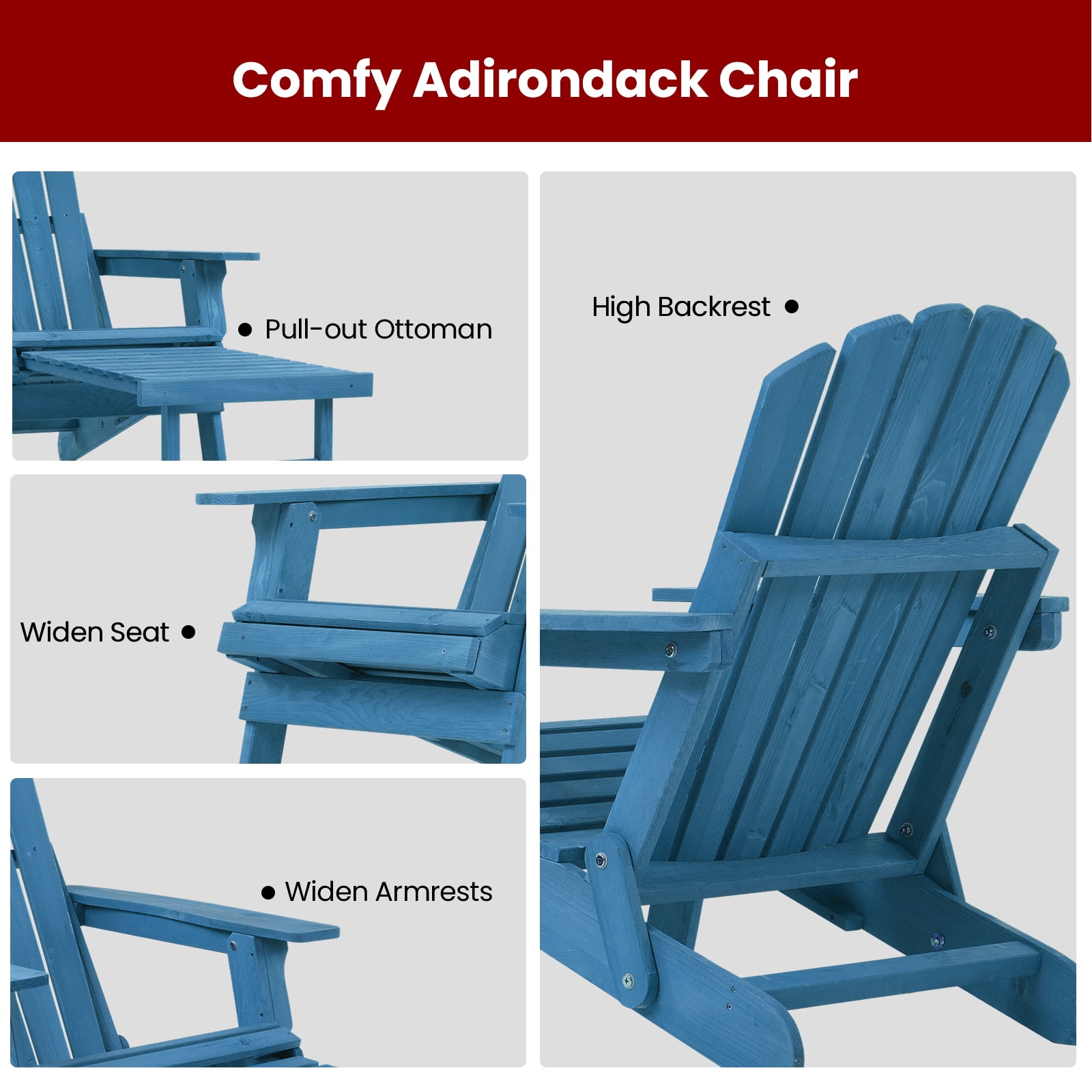 Easy4Home Larger Wooden Adirondack Chair Folding Patio Chair with Retractable Ottoman, Dark Blue