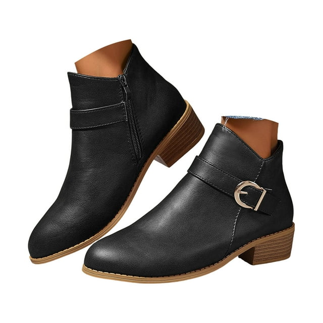 Leozcaa Bottines à Talon Bas Épais pour Femmes Fermeture Éclair Latérale Classique Bout Rond Talon Bas Bottines Courtes d'Hiver