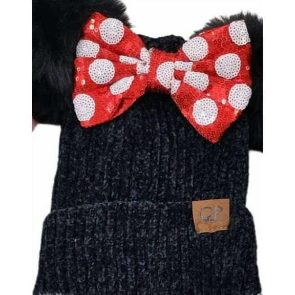 Black Winter Minnie inspired Pom Beanie, Mickey minnie hat, winter hat , Mickey Minnie inspired , faux pearl beanie, Pom Pom hat / beanie