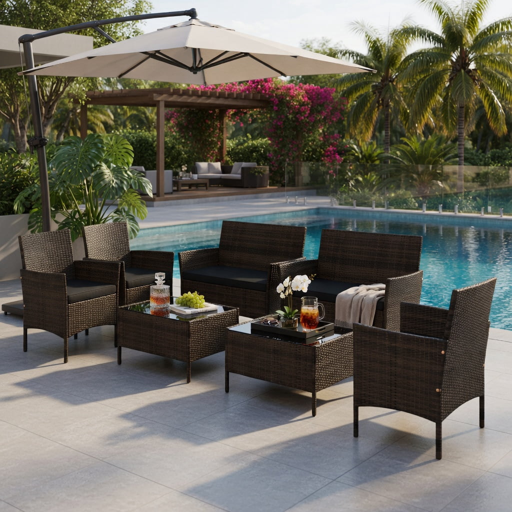 Hommoo 4-Piece Outdoor Rattan Patio Conversation Set with Plush Cushions, Loveseat, 2 Chairs & Tempered Glass Coffee Table, Black