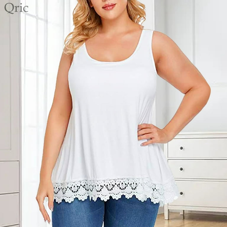 QRIC Women's Cami with Built in Bra Cup Summer Casual Flowy Swing Pleated  Plus Size Lace Tank Top with Wide Strap (S-4XL) 