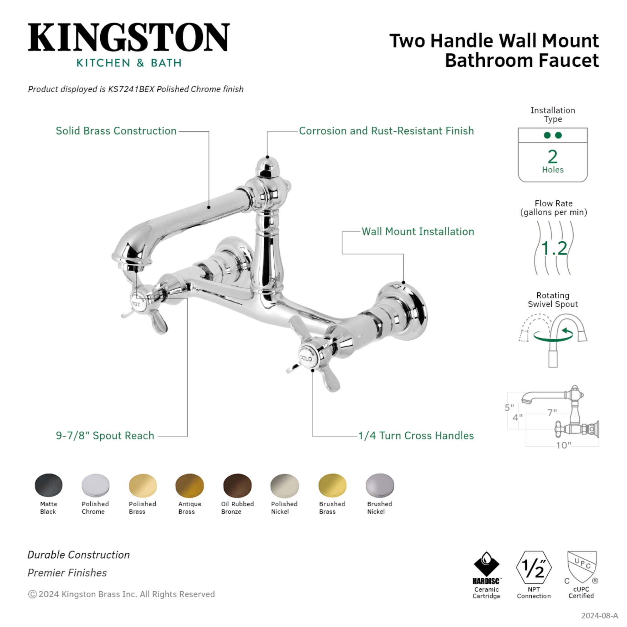 Kingston Brass KS7248BEX Essex Double-Handle Wall Mount Bathroom Faucet, Brushed Nickel