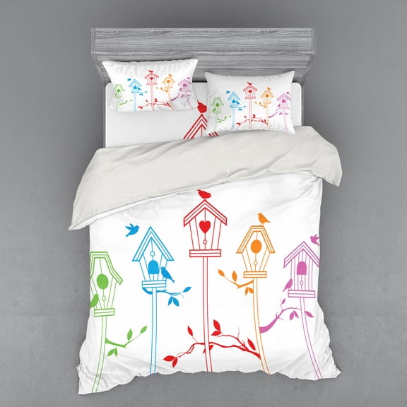 Ambesonne Colorful Bedding Set 4 Pcs, Flying Bird Nest Roof, Queen, Multicolor
