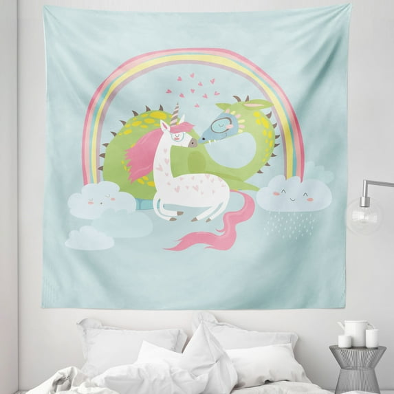 Fantasy Tapestry, Love of Dragon and Unicorn Couple Romance Flirting Cartoon, Fabric Wall Hanging Decor for Bedroom Living Room Dorm, 5 Sizes, Pale Blue Pale Pink, by Ambesonne