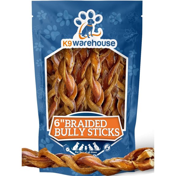 K9warehouse - Premium Braided Bully Sticks - 6-inch (6 Count) - Low Odor Beef Chew Treats for Dogs - Long Lasting Dental Chews - Ideal for Aggressive Chewers - Suitable for All Breeds & Puppies