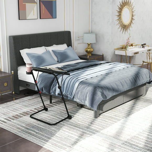 Homy Casa Queen Bed Frame and Folding Tray Table Set for Bedroom and Apartment