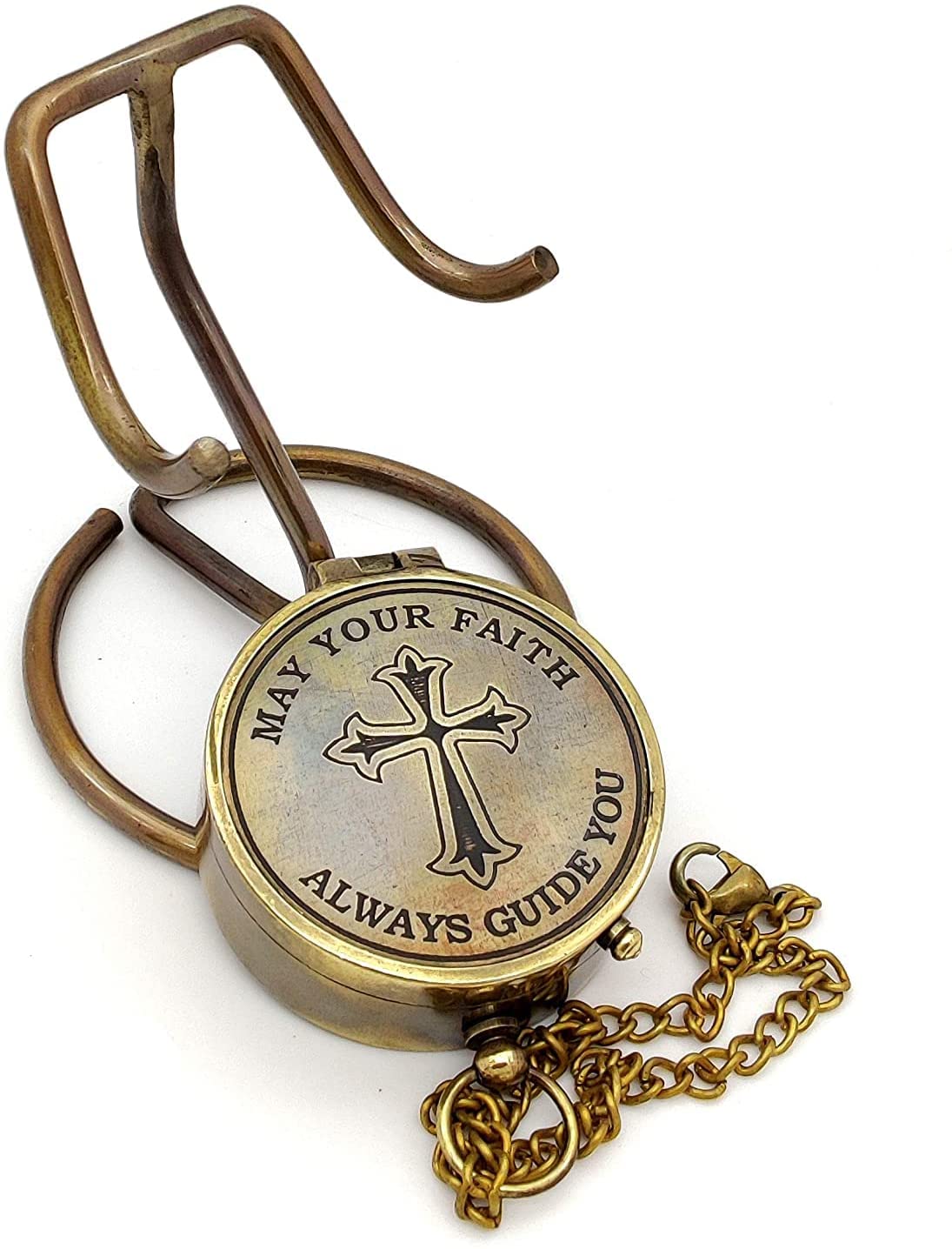 Brass Compass with Cross and May Your Faith Always Guide You Engraved on it. Heavenly Great Gift of Faith.The for Baptism, Missionary, Birthday with Display Stand.