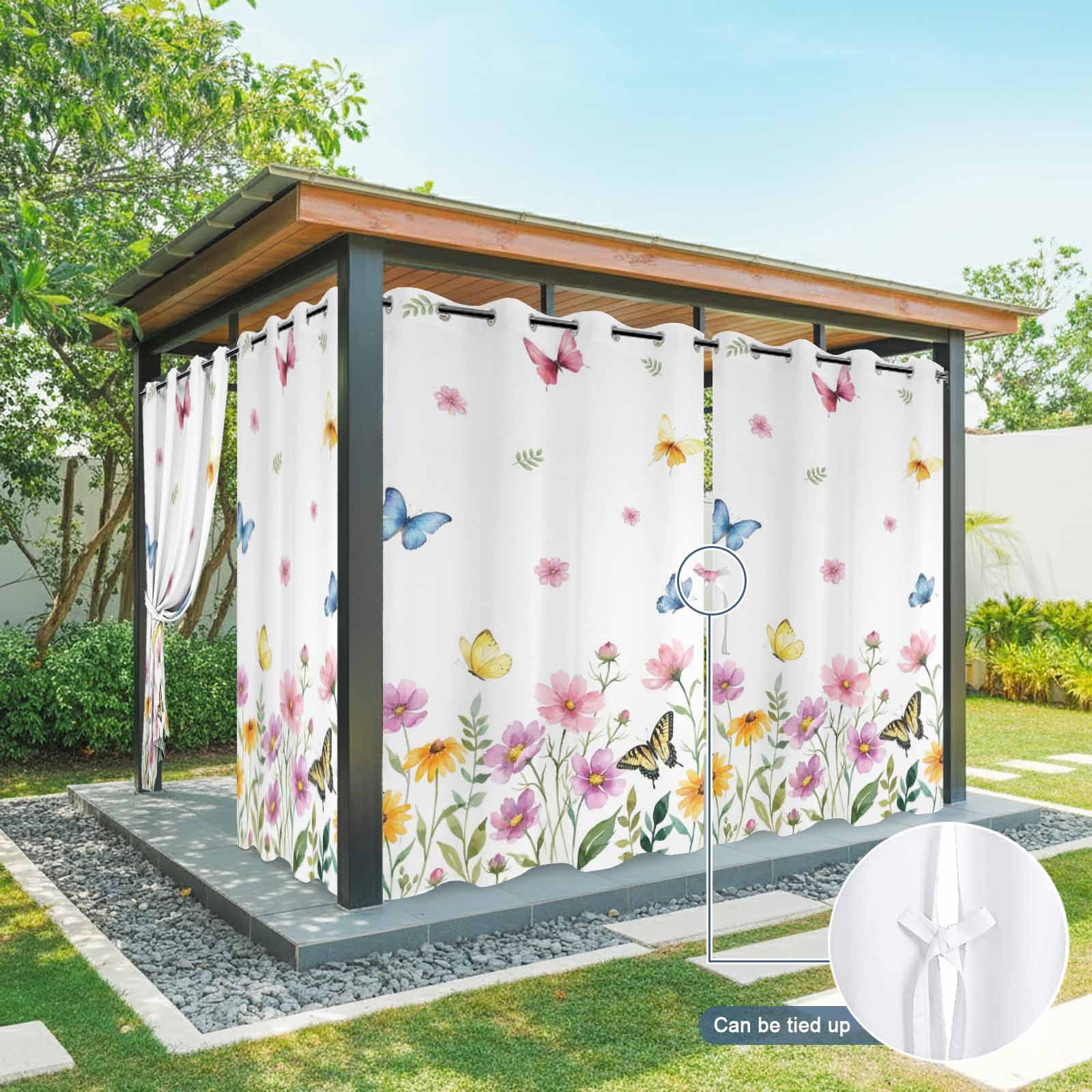 Summer Flower Outdoor Curtains for Patio, Rustic Pink Floral Color Butterfly Farmhouse Country Sunshade Privacy Drapes Grommet Waterproof Outside Curtains for Porch/Cabana/Balcony 54"x 95", 1 Panel