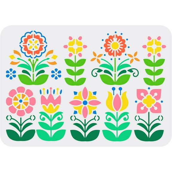 Flower Border Stencil 11.7x8.3 Inch Reusable Floral Pattern Wall DIY Spring Painting Template Abstract Folk Flowers