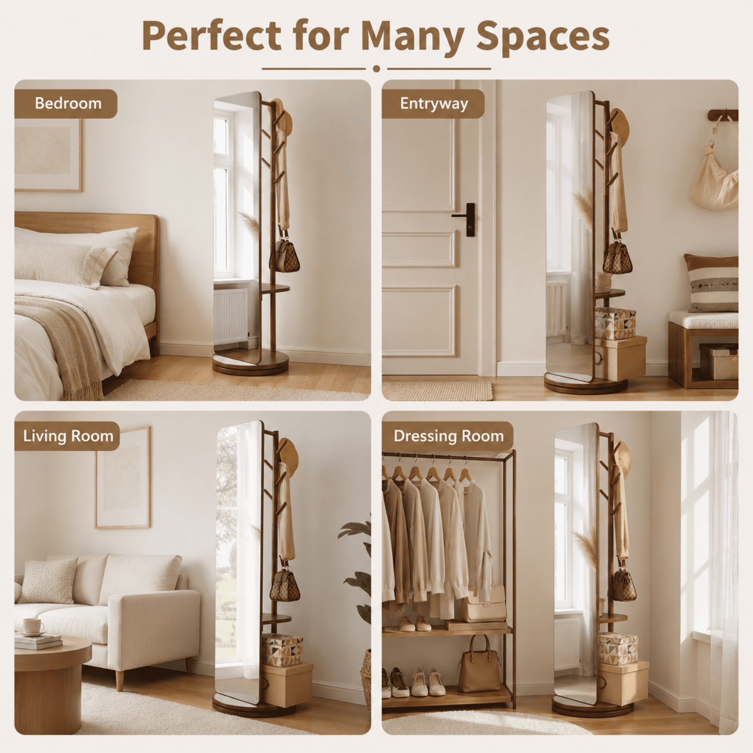 Miniyam Full Length Mirror with Coat Rack and Storage, 68.9" x 15.75" 360° Rotating Solid Wood Standing Mirror for Bedroom and Entryway, Walnut